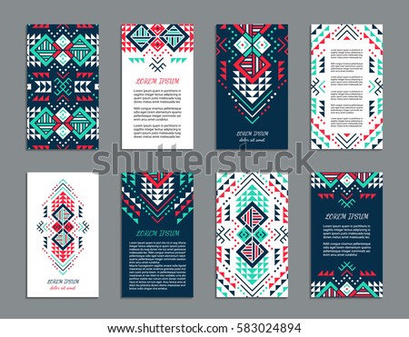 Aztec style colorful vertical flyer set. American indian ornate pattern design. Front and back pages. Ornamental collection with ethnic motifs. Tribal decorative template. EPS 10 vector concept.