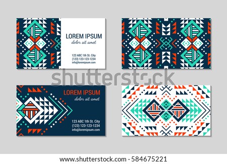 Aztec style colorful business card set. American indian ornamental pattern design. Front and back pages. Ornate blank with ethnic motifs. Tribal decorative template. EPS 10 vector concept. 