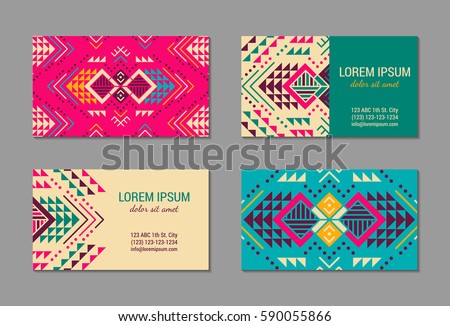 Aztec style colorful business card set. American indian ornamental pattern design. Front and back pages. Ornate blank with ethnic motifs. Tribal decorative template. EPS 10 vector concept. 
