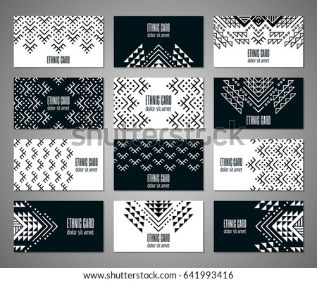 Aztec style black and white business card set. American indian monochrome ornamental pattern design. Ornate blank with ethnic motifs. Tribal decorative template. EPS 10 vector concept. 