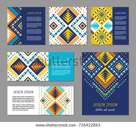 Aztec style colorful flyer set. American indian pattern design. Ornamental collection with ethnic motifs. Tribal decorative template. EPS 10 vector concept.