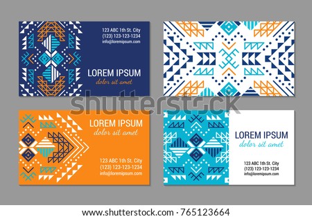 Aztec style colorful business card set. American indian ornamental pattern design. Ornate blank with ethnic motifs. Tribal decorative template. EPS 10 vector concept. 
