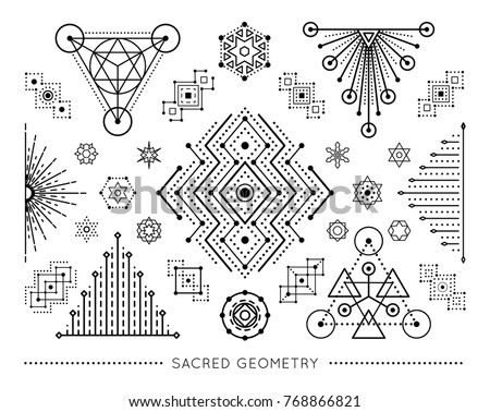 Sacred geometry style symbol set. Sacral geometric outline signs isolated on the white background. Line art elements. Editable stroke. Paths are not expanded. EPS 10 linear design vector illustration.