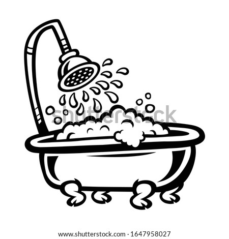 Old-fashioned vintage clawfoot bathtub with showerhead and bubbles -- in fun cartoon illustration style