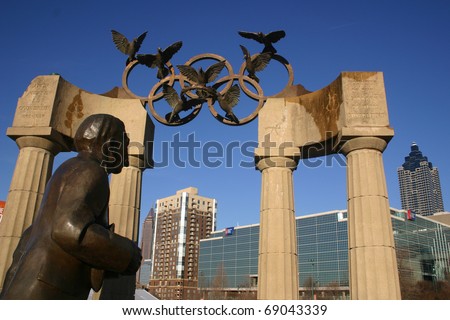 ATLANTA, GA - JAN 14: The Olympic rings remain prominent in Centennial Olympic Park fifteen years after Atlanta hosted the Olympic games (1996), January 14, 2011.