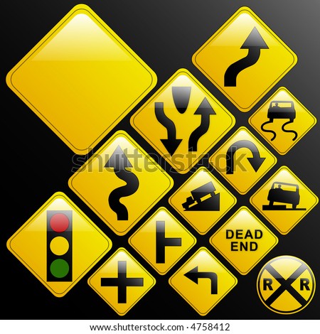 Make your own glossy glassy web 2.0 warning danger road signs or use design elements/icons from the included vectors (left turn; slippery; dead end; intersection; curvy road; light ahead; truck; car)