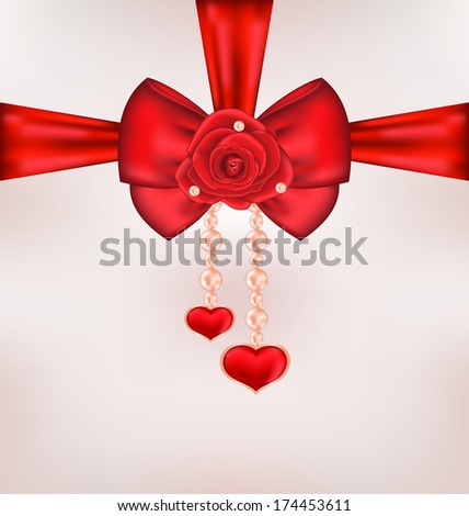 Illustration red bow with rose, heart, pearls for card Valentine Day - raster