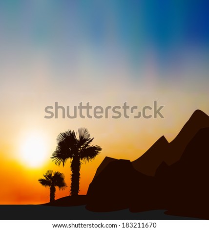 Illustration evening tropical landscape with sea, mountain, palm trees - vector