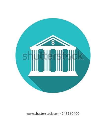Illustration bank building in the style of a classical Greek temple, flat icon with long shadow - vector