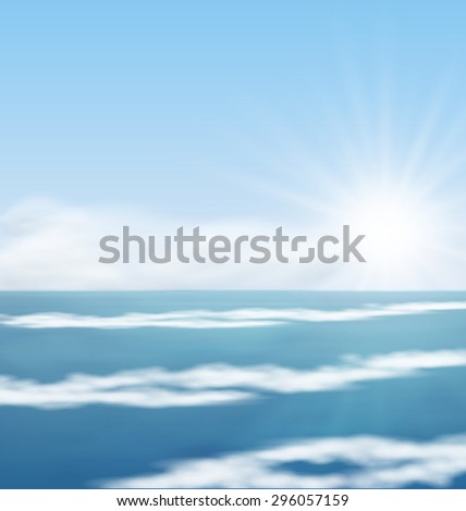 Sea Landscape Background Sunrise, Surf Blue Ocean and Far Clouds on Horizon - vector