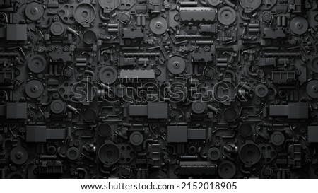 Dark industrial  wallpaper. 3d render vehicle parts pattern. Black transport  background with car parts, gear wheels, pipes, heap of auto parts, wheels. 3d illustration Foto stock © 