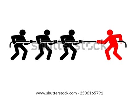 One is stronger than team. Tug of war sign. People are pulling rope. Concept of confrontation between two companies. Competition sign