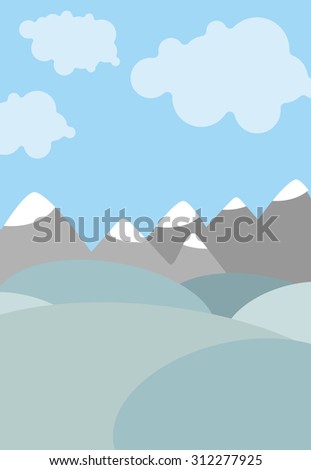 Cartoon natural landscape. Sky with clouds. Mountains and fields. Cute Vector background