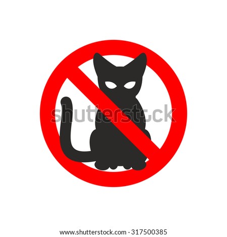 Stop cat. Vector sign No cats. Ban pet. Black kitty silhouette. Symbol slashed red circle
