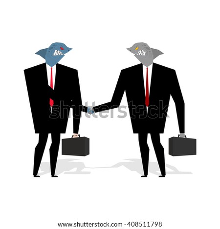 Business Sharks Handshake make deal. Professionals shake hands. Agreement between marine predators. convention between wicked animal. Fish in biz suit and tie