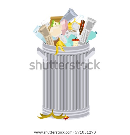 Trash can with Rubbish isolated. Wheelie bin with Garbage on white background. Dumpster iron. peel from banana and stub. Tin and old newspaper. Bone and packaging. Crumpled paper and plastic bottle