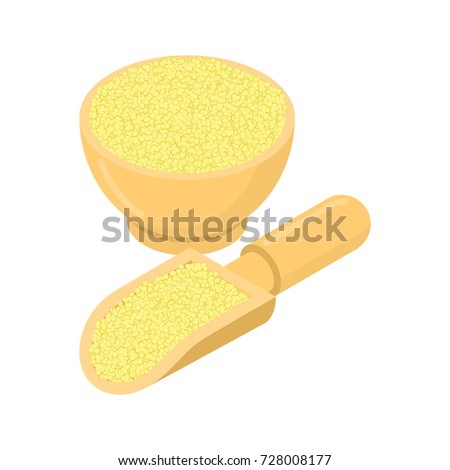 Cuscus in wooden bowl and spoon. Groats in wood dish and shovel. Grain on white background. Vector illustration