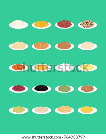 Cereal in plate set. Rice and lentils. Red beans and peas. Corn and barley gritz. Millet and cuscus. Oat and buckwheat. Bulgur and wheat. Healthy food for breakfast. Vector illustration
