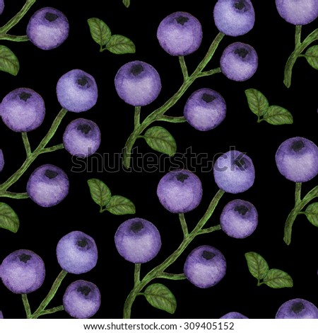 Hand drawn watercolor blueberries seamless pattern. Berries and green leafs on black background