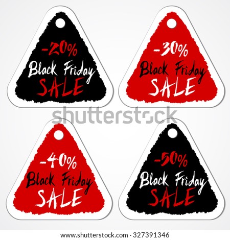 Black Friday Sale tags with numbers of discount percentage. Grungy triangular stickers with hand drawn letters.