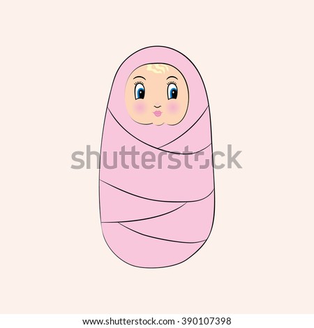 Cute Little Baby In Swaddling Clothes. Cartoon Style Newborn Girl Or ...