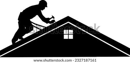 Roofer working on Roof, Roof construction worker repair home, build structure fixing rooftop, Property Maintenance (Editable) - Vector Illustration