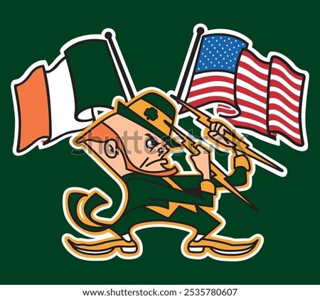 Notre dame fighting Irish logo with Ireland and US flag on the background