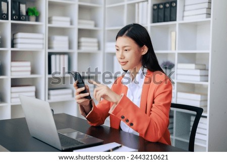 Similar – Image, Stock Photo Serious woman browsing smartphone at home