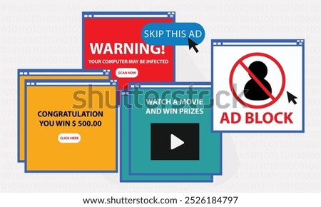 Disable ad blocker vector web browser message banner illustration for your blog or website. Pop up ad blocker flat vector banner. Advertising on the tablet. Stop spam. Skip ad.