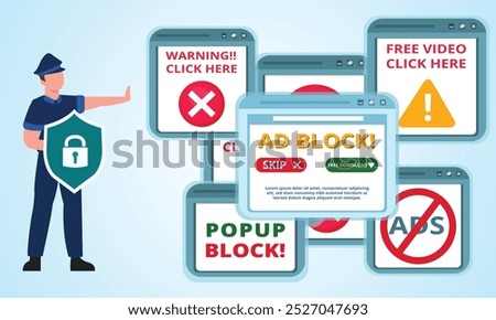 Disable ad blocker vector web browser message banner illustration for your blog or website. Pop up ad blocker flat vector banner. Advertising on the tablet. Stop spam. Skip ad.