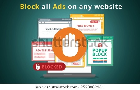 Disable ad blocker vector web browser message banner illustration for your blog or website. Pop up ad blocker flat vector banner. Advertising on the tablet. Stop spam. Skip ads.