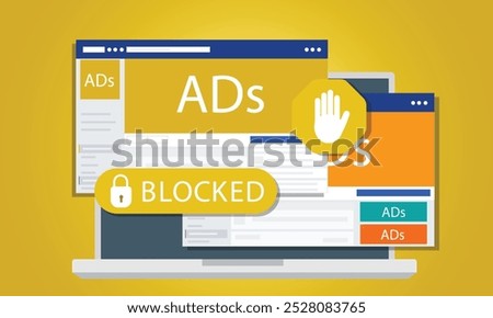 Disable ad blocker vector web browser message banner illustration for your blog or website. Pop up ad blocker flat vector banner. Advertising on the tablet. Stop spam. Skip ad.