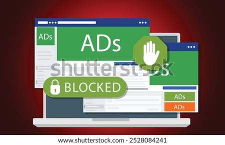 Disable ad blocker vector web browser message banner illustration for your blog or website. Pop up ad blocker flat vector banner. Advertising on the tablet. Stop spam. Skip ad.