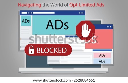 Disable ad blocker vector web browser message banner illustration for your blog or website. Pop up ad blocker flat vector banner. Advertising on the tablet. Stop spam. Skip ad.