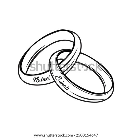 Ring outline illustration. Wedding ring icon. Rings with diamond icon. Outline and silhouette ring. Vector illustration isolated on white background. Wedding symbol. Wedding rings with name.