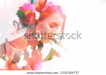 Similar – Image, Stock Photo Portrait of young pretty yoga girl with short curly hair in sportswear. Calm and peace on her face. Slight smile. Film toned filter.