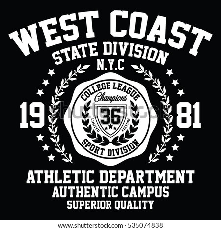 West coast state division sport, college league typography, t-shirt graphics, vectors