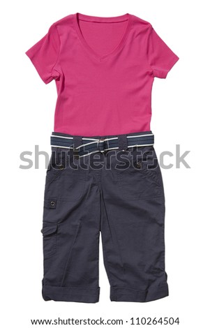 Set of pink t-shirt and blue shorts with belt isolated on white