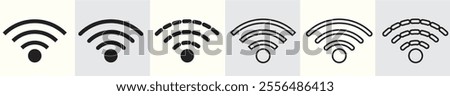 Set of six Wi-Fi signal icons in different styles, ranging from solid to outlined and dashed lines, representing wireless connectivity and signal strength variations.