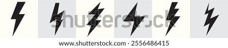 A series of six black lightning bolt icons in varying styles, displayed on a white background, symbolizing energy, power, or electricity in a modern, minimalistic design.