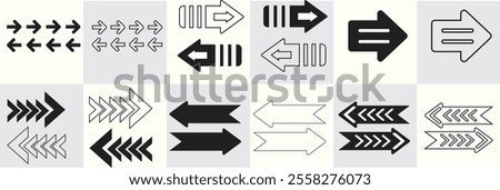 A set of black and white vector arrow icons showcasing various styles, including bold, outlined, and directional arrows, ideal for navigation, flow, or interface design.