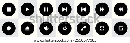 A set of black circular media control icons, including play, pause, stop, rewind, fast-forward, volume, settings, and screen adjustment symbols for multimedia or UI design.