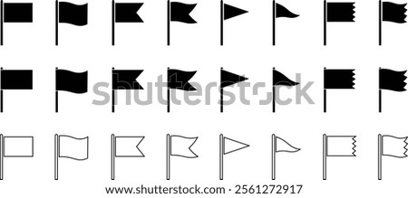 Set of black and outline flag icons in various shapes and styles. Ideal for marking, navigation, sports, competition, and user interface design.