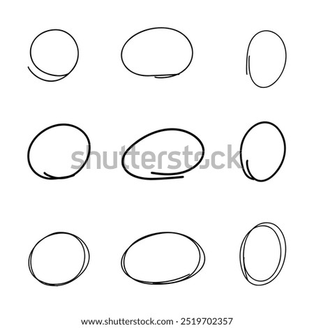 A set of circles, ovals, frames drawn by hand with a black marker in one line in doodle, comic style. A collection of sketch circles. Selection, circled. A graphic contour element for design 