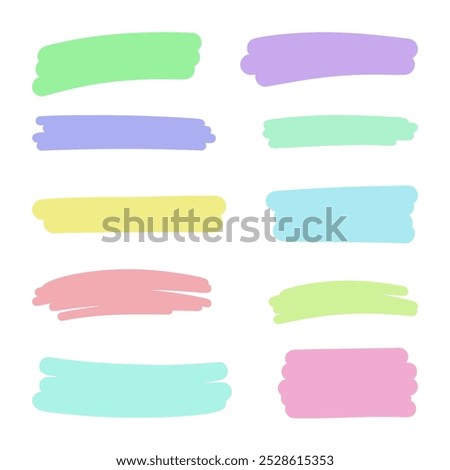 A set of multi-colored brush strokes in pastel shades, flat design isolated on a white background, vector. A decorative element for a design with text, background, and decoration. Abstract rectangular