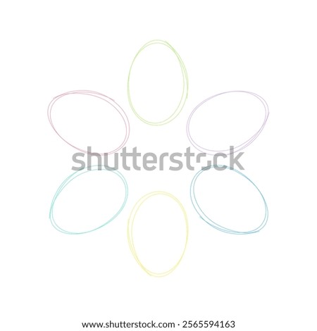 Multicolored empty abstract contours of an oval, circle, hand-drawn isolated on a white background, vector. Decorative element of selection, outline, frame, place for text. Graphic modern illustration