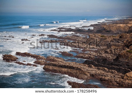 Western Portugal Ocean Coastline. Cliff and Surf. Vignetted Shot