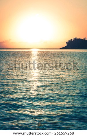 Beautiful tropical sunset ocean background. Vertical filtered shot
