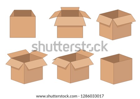 Carton delivery and storage packaging open box set. Vector illustration isolated on white background