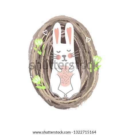 Newbor Easter Bunny Lying in th Nest. Spring or Nursery Print